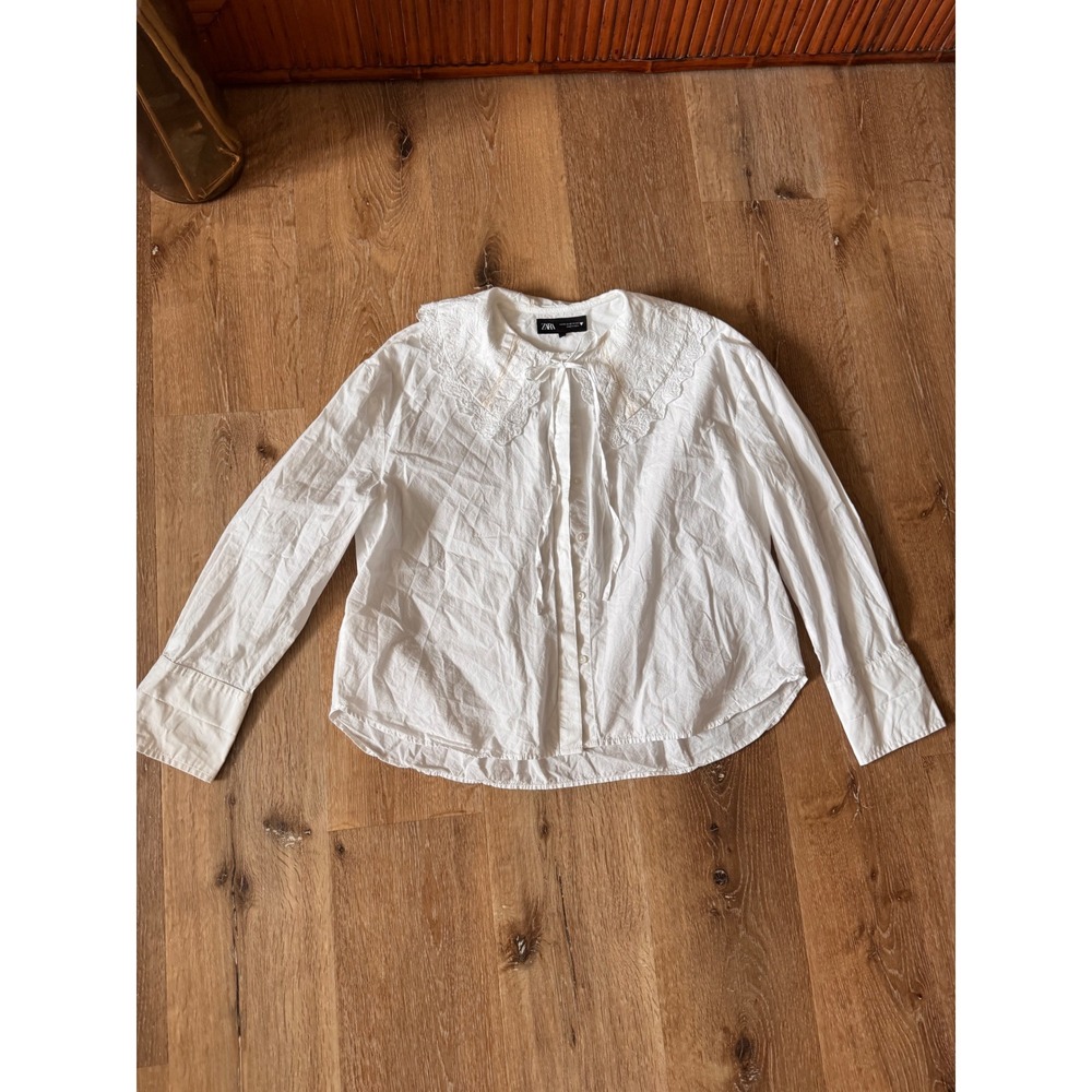 Zara White Embroidered Peter Pan Collar Cotton Blouse Tie Neck Size XS